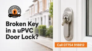 Broken key in a uPVC door lock at a West London home, shown by KwikFix Locksmiths
