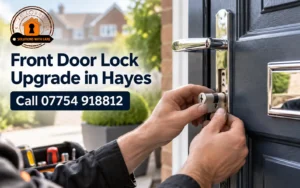 KwikFix Locksmiths upgrading a front door lock at a home in Hayes.
